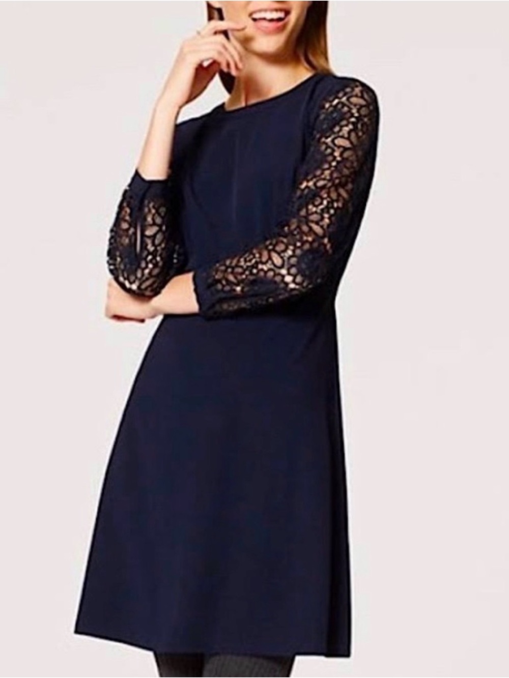 LOFT Navy Lace-Sleeve Shift Dress